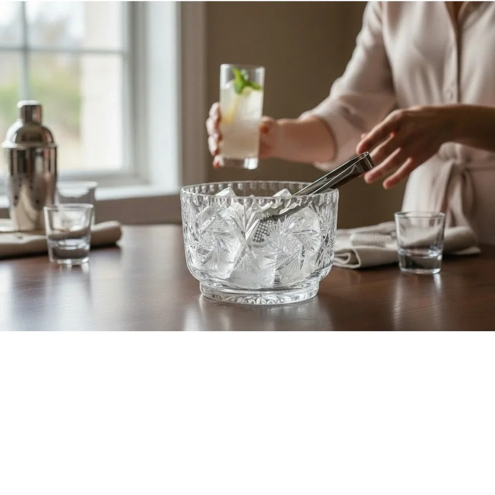 Vintage Pinwheel Cut Crystal Glass Serving Bowl Ice Bucket Scalloped Rim Heavy